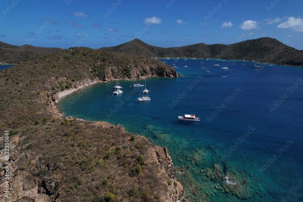 Boats in Tortola island coves in the British Virgin Islands sky view