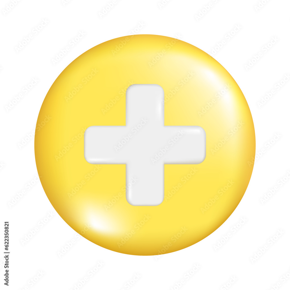Realistic 3d yellow round sphere shape with plus sign. Decorative circle button icon, spherical symbol, education maths element. Abstract vector illustration isolated on a white background. Realistic 3d yellow round sphere shape with plus sign. Decorative circle button icon, spherical symbol, education maths element. Abstract vector illustration isolated on a white background.
