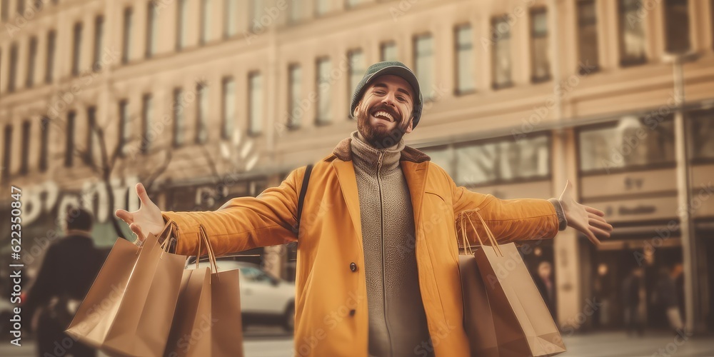 Generative AI. Happy People doing shopping concept. Smiling Man holding bags with purchases outdoors in the street in yellow clothes in autumn. 