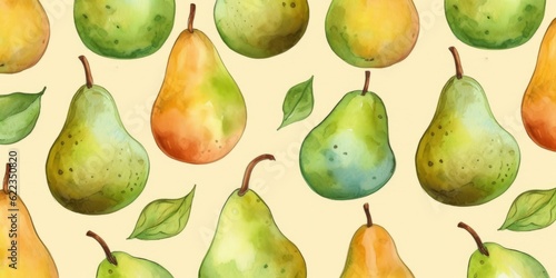 Fresh Organic Pear Fruit Background, Horizontal Watercolor Illustration. Healthy Vegetarian Diet. Ai Generated Soft Colored Watercolor Illustration with Delicious Juicy Pear Fruit.