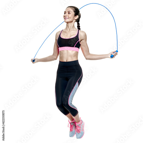 one mixed raced woman exercising fitness exercises isolated on white background © Designpics