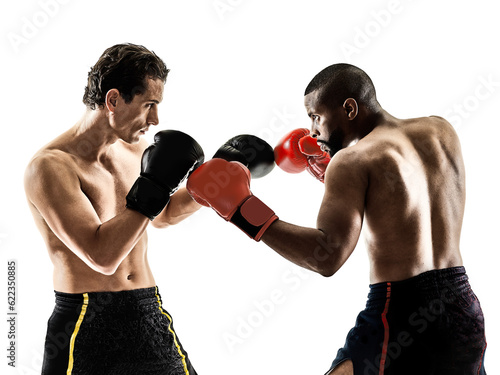 two caucasian Muay Thai kickboxing kickboxer thai boxing men isolated on white background