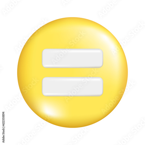 Realistic 3d yellow round sphere shape with equal sign. Decorative circle button icon, spherical symbol, education maths element. Abstract vector illustration isolated on a white background.