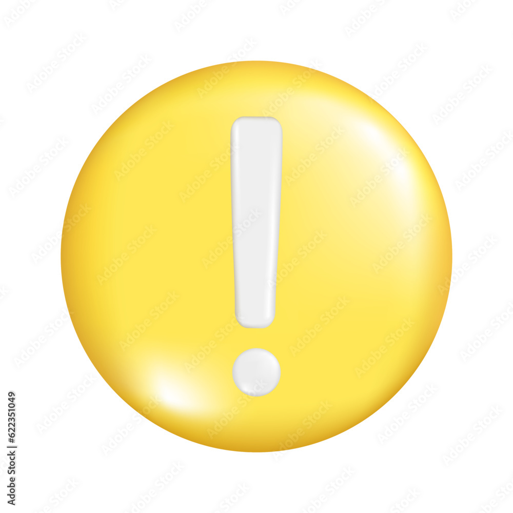 Realistic 3d yellow round sphere shape with exclamation sign. Circle button icon, spherical symbol, attention or caution mark icon element. Abstract vector illustration isolated on a white background Realistic 3d yellow round sphere shape with exclamation sign. Circle button icon, spherical symbol, attention or caution mark icon element. Abstract vector illustration isolated on a white background