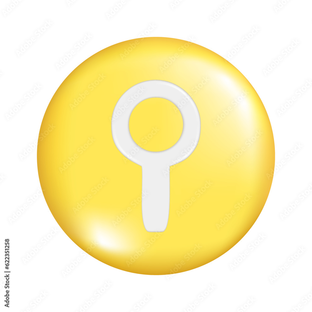Realistic 3d yellow round sphere shape with search icon, loupe search sign. Circle button icon, spherical symbol, magnifier element. Abstract vector illustration isolated on a white background Realistic 3d yellow round sphere shape with search icon, loupe search sign. Circle button icon, spherical symbol, magnifier element. Abstract vector illustration isolated on a white background