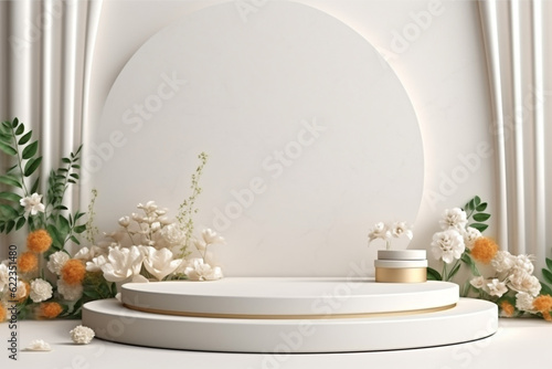 Beauty  fashion  make-up  product concept. Minimalist product placement white podium with leaves and flowers in background and copy space. Minimalist and luxury style. Generative AI