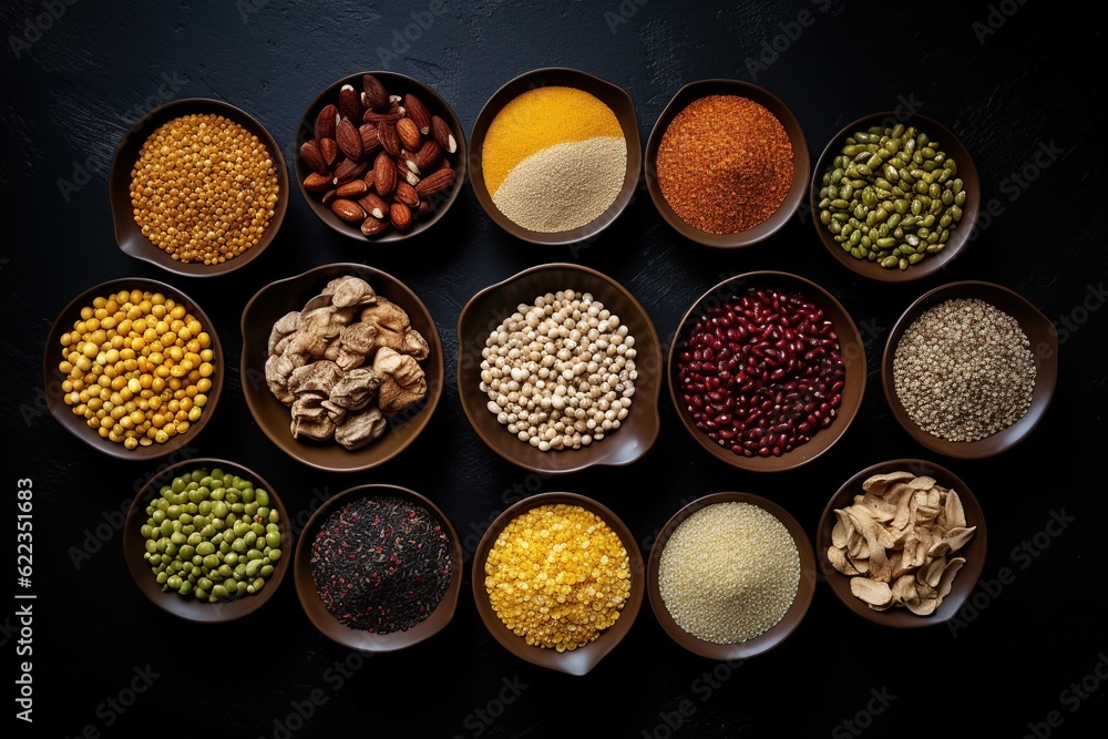 Set of indian spices on black background - green cardamom, turmeric powder, coriander seeds, cumin, and chili, top view Set of indian spices on black background - green cardamom, turmeric powder, coriander seeds, cumin, and chili, top view