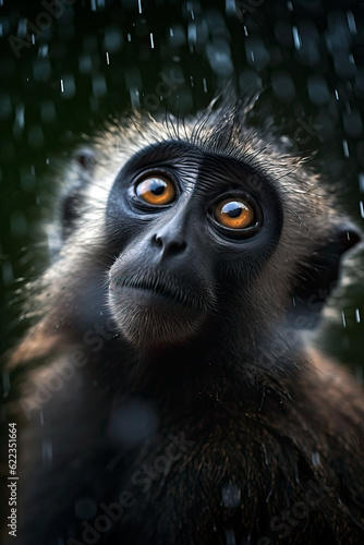 Beautiful portrait of black faced monkey with orange eyes under the rain. Amazing Wildlife. Generative Ai