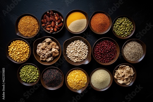 Set of indian spices on black background - green cardamom, turmeric powder, coriander seeds, cumin, and chili, top view