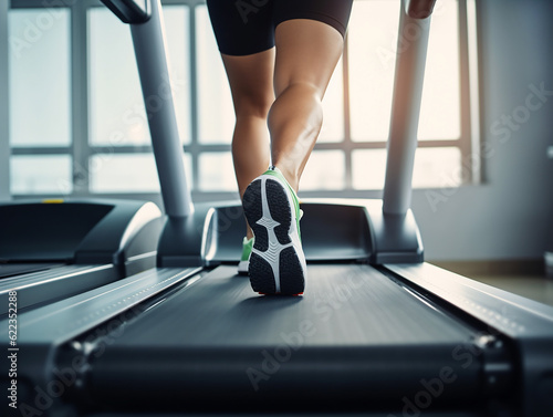 close up fat legs of man running on treadmill, workout at fitness center, gym