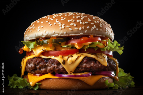 Large juicy dark hamburger with cheese on a dark background 