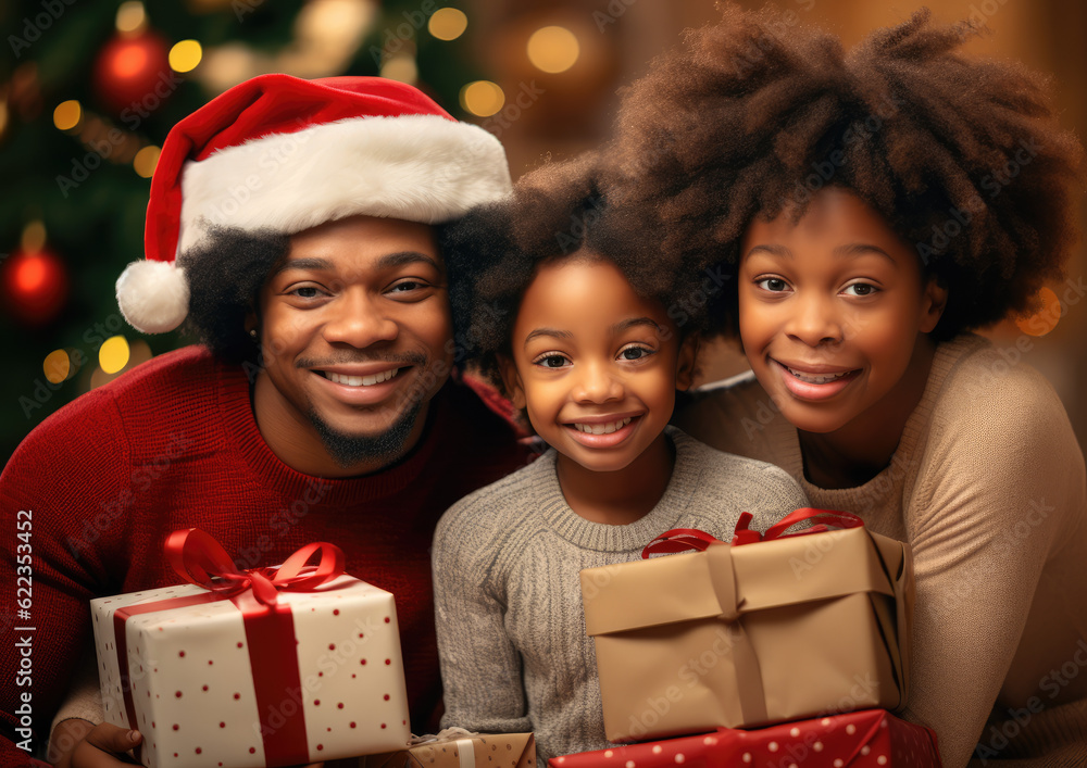 Joyful Black Family Receiving Gifts with Christmas Tree in the Background. Holiday Concept AI Generative