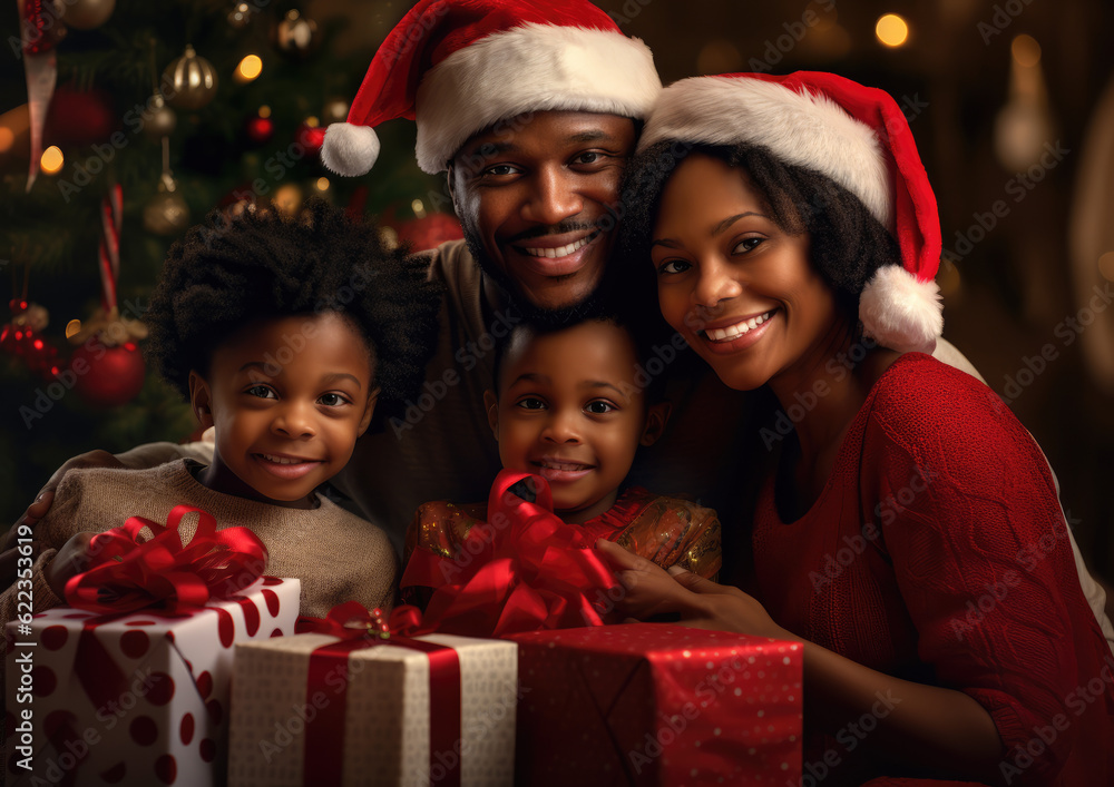 Joyful Black Family Receiving Gifts with Christmas Tree in the Background. Holiday Concept AI Generative
