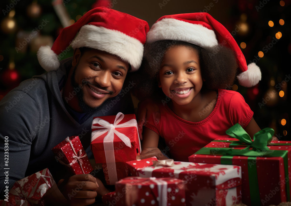 Joyful Black Family Receiving Gifts with Christmas Tree in the Background. Holiday Concept AI Generative Joyful Black Family Receiving Gifts with Christmas Tree in the Background. Holiday Concept AI Generative