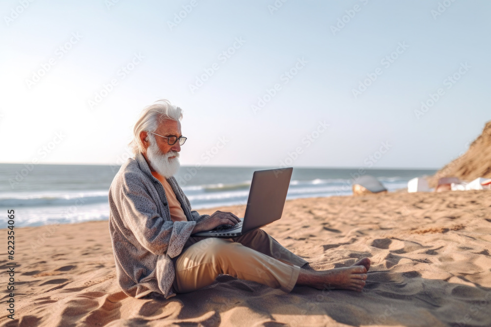 Senior man woking at sea beach using laptop. Space for text.