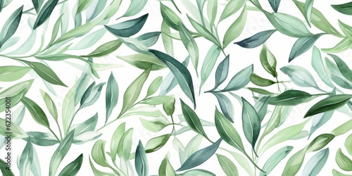 Green Tea Leaves Background, Horizontal Watercolor Illustration. Refreshing Warming Beverage. Ai Generated Soft Colored Watercolor Illustration with Aromatic Green Tea Leaves.