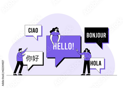 Online translator, Translate foreign languages, Chat bubbles with different languages, Hello!, Multilingual communication, App icon for Dialogue between foreign people concept flat vector illustration