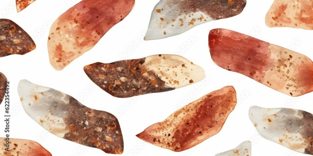 Delicious Biltong Meat Product Background, Horizontal Watercolor Illustration. Savory Food, Gourmet Appetizer. Ai Generated Soft Colored Watercolor Illustration with Delicious Deli Biltong Meat.