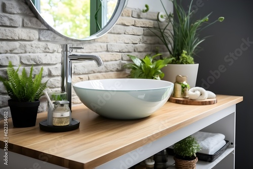 interior design of white modern bathroom. Bright room. Modern interior. Green plants on wooden counter and bathroom sink. created generative ai.