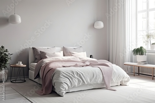 Bright details on a white bedroom. accent colors are quite peri. Mockup of an empty wall. a large space bed set. Generative AI photo