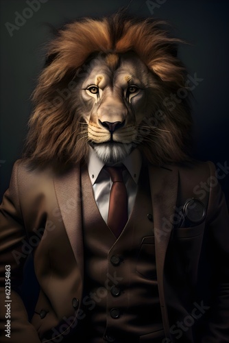 lions in suits. Images of lions wearing modern  elegant and colorful suits. stylish lions. Images generated by artificial inteligence