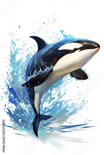 In the ocean  an orca leaps out of water.  Illustration  Generative AI 