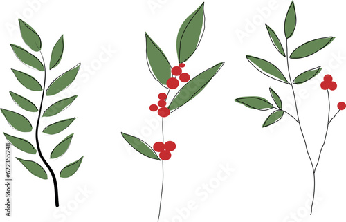 Christmas sprigs for greeting cards. Set of hand drawn blossom flowers outline for wedding card. Victorian flowers on white backgrounds for menu design, invitations, cards, web design.