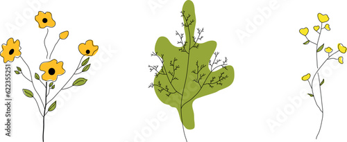 Vector isolated simple fine line floral decoration with leaves and flowers tattoo colorless black and white contour line easy drawing. dried flowers composition. herbarium. isolated on white backgroun