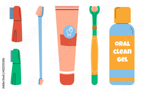 Toothbrush, toothpaste, toothgel for canine dental care and hygiene. Oral care tools for dog teeth of all breeds. Vector illustration set isolated on white background