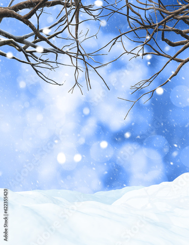 3D render of a winter tree on a snowy background © Designpics