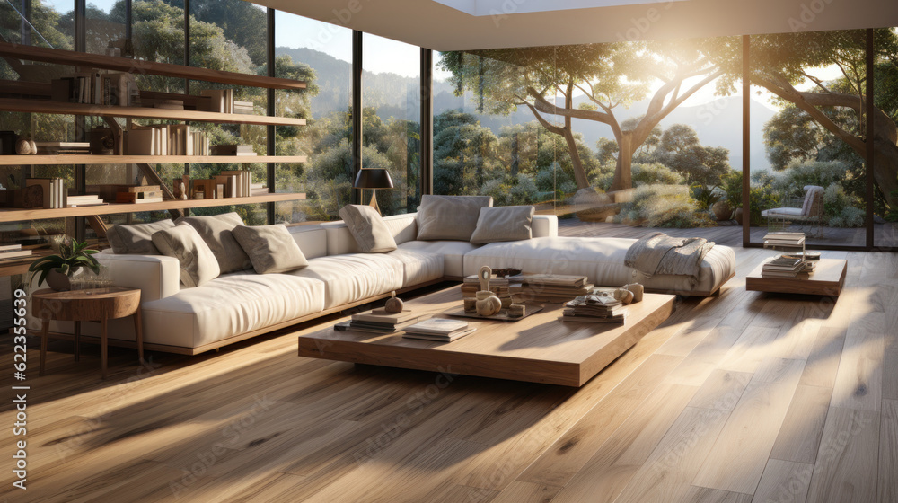 Modern bright interiors of living room with wooden floor. Generative AI.