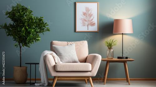 Living room interior with armchair, lamp and plant. Generative AI.