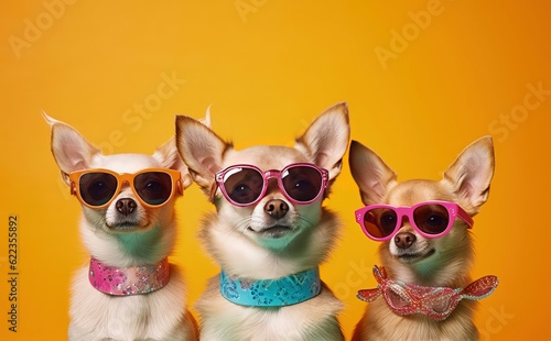Three chihuahua wearing pink sunglasses on a yellow background, created with Generative Ai Technology