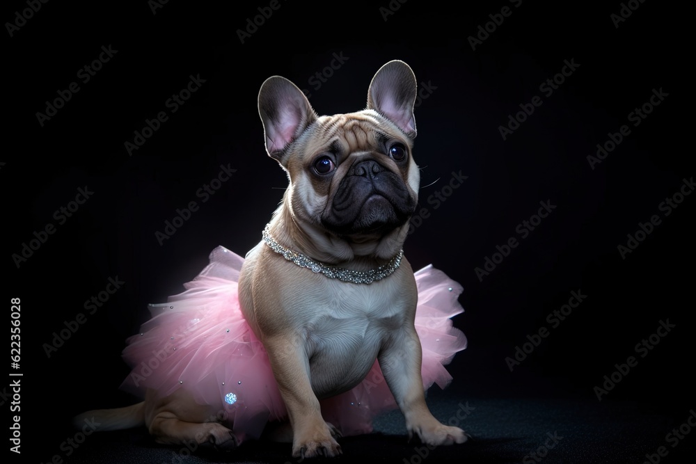 Adorable french bulldog sitting in a tutu on a stage, created with Generative Ai Technology