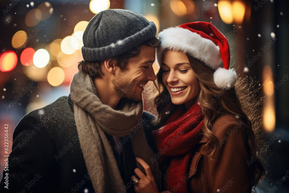  Christmas Romance. A loving couple enjoying the festive atmosphere outdoors, wearing Christmas hats. Holiday love and warmth concept. AI Generative