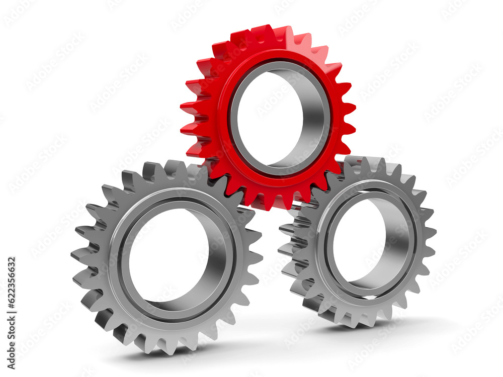 Three gears with red gear - team cooperation concept, three-dimensional rendering Three gears with red gear - team cooperation concept, three-dimensional rendering