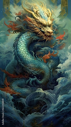 Classical traditional asian emperor blue dragons and sea. Painting of Chinese dragon. Mythical creatures illustration concept created with Generative Ai Technology © pham