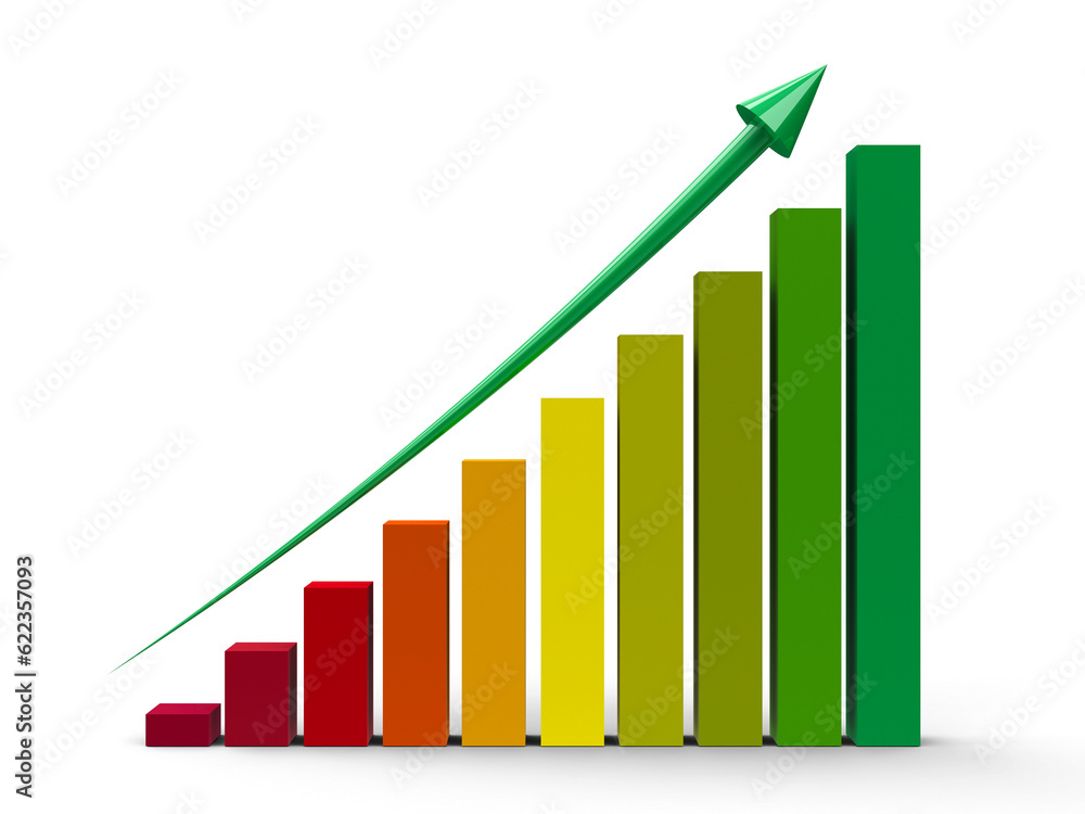 Color business graph with green arrow up, three-dimensional rendering, 3D illustration Color business graph with green arrow up, three-dimensional rendering, 3D illustration