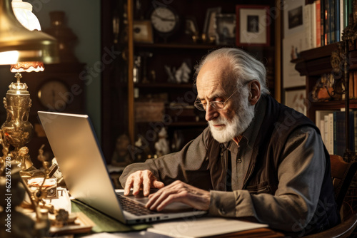 Elderly man in his 70s working in his study using laptop.