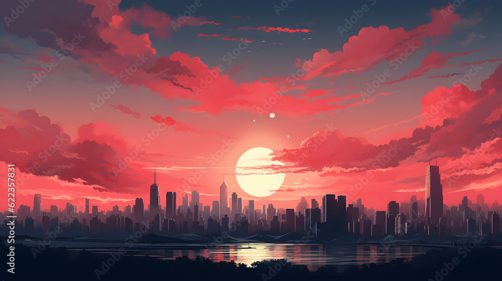 Obraz premium illustrations red sunset over the city generative AI