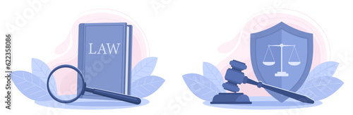 Set of illustrations of law book, magnifying glass, judge's gavel, shield and scales. The concept of law, court, justice, legal services and protection in court. Vector illustration