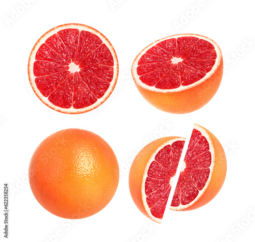 Collection of whole pink grapefruit and slices isolated on white.