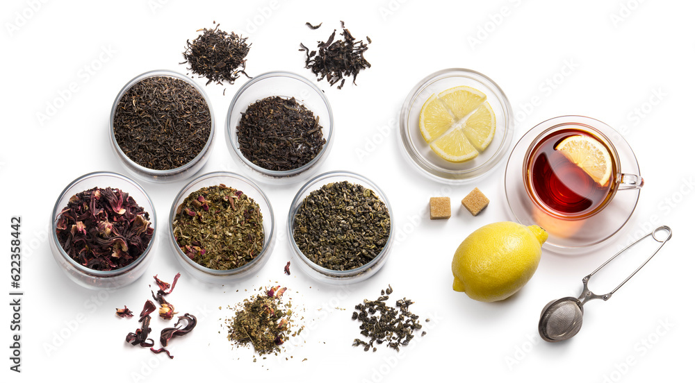 tea accessories on a white background. View from above tea accessories on a white background. View from above
