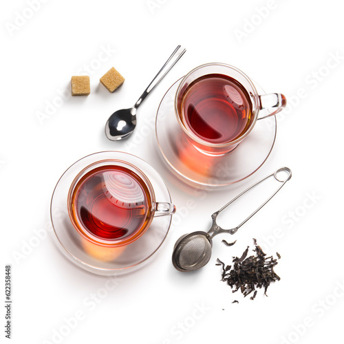 tea accessories on a white background. View from above