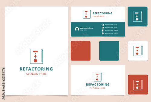 Refactoring logo design with editable slogan. Branding book and business card template.
