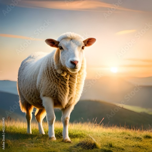 sheep in the field on Hill background sunset 