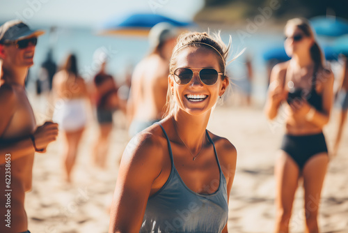 smiling woman with sunglasses playing beach volley ai generated art