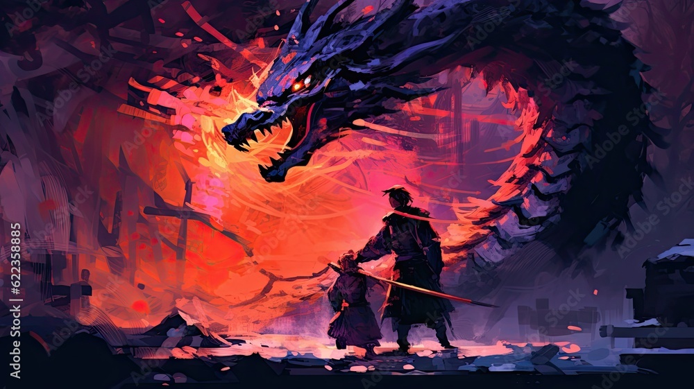 Fototapeta premium A man standing in front of a dragon with a sword, created with Generative Ai Technology