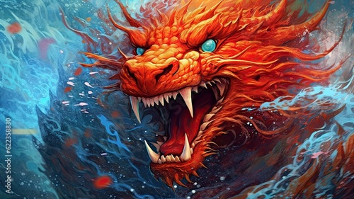 A painting of a red dragon with its mouth open, created with Generative Ai Technology