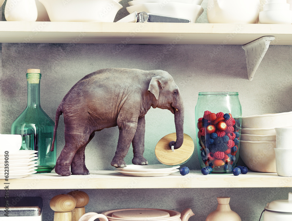 The tiny elephant opens the glass vase with berries. Photo combination concept